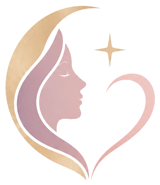 A woman's profile in a crescent moon with a heart, the luminamur mark